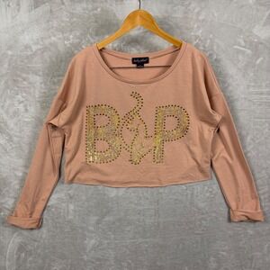 Baby Phat Womens S Embellished Logo Crop Top Mauve Blush Cuff Long Sleeve Sequin